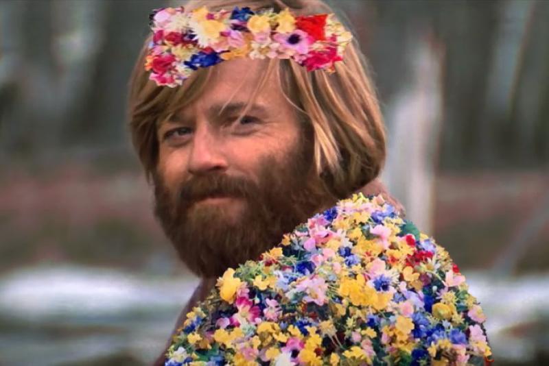 smiling man meme (robert redford) in flower dress from Midsommar (2019)